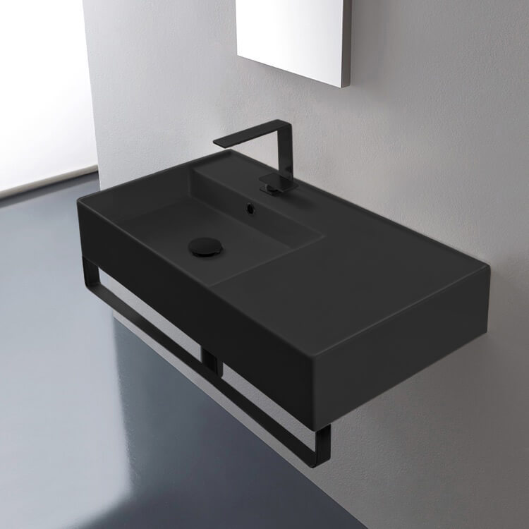 Scarabeo 5115-49-TB-BLK-One Hole Matte Black Ceramic Wall Mounted Sink With Matte Black Towel Bar