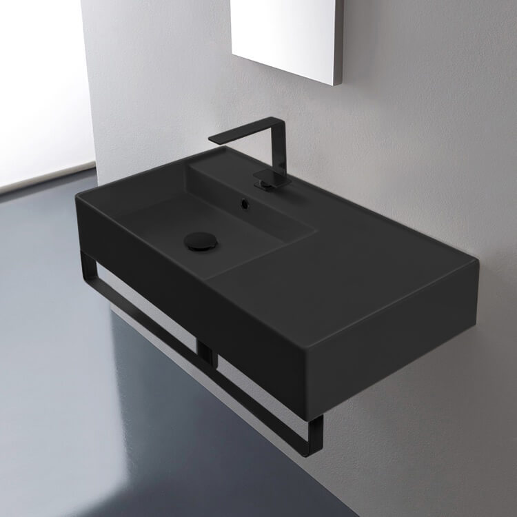 Wall Mounted Sink in Ceramic, Modern, Rectangular, 32, with Counter Space, Teorema 2 Scarabeo 5115 by Nameeks