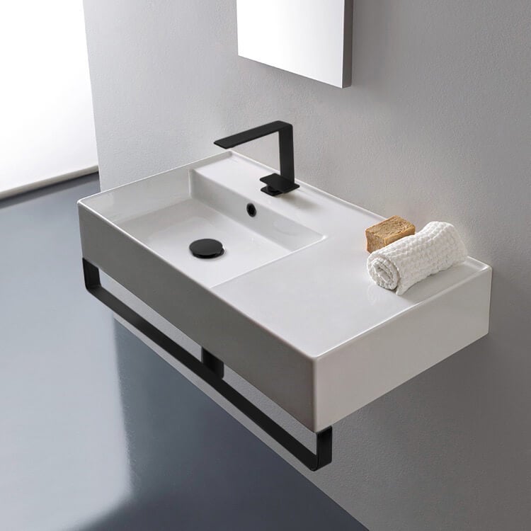 Scarabeo 5115-TB-BLK-One Hole Rectangular Ceramic Wall Mounted Sink With Matte Black Towel Bar