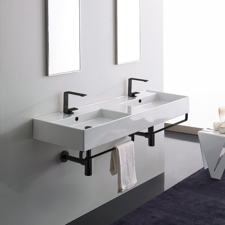 Scarabeo 5116-TB-BLK-Two Hole Double Ceramic Wall Mounted Sink With Matte Black Towel Holder
