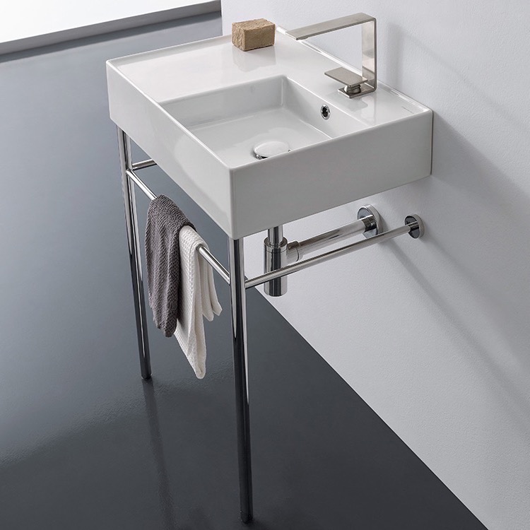 Scarabeo 5117-CON Rectangular Ceramic Console Sink and Polished Chrome Stand, 24 Inch