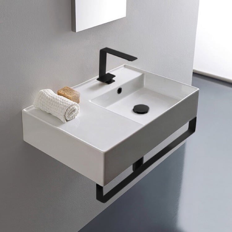 Scarabeo 5117-TB-BLK-One Hole Rectangular Ceramic Wall Mounted Sink, Matte Black Towel Bar Included