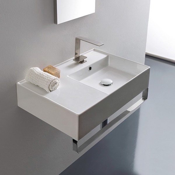 Scarabeo 5117-TB-One Hole Rectangular Ceramic Wall Mounted Sink With Counter Space, Towel Bar Included