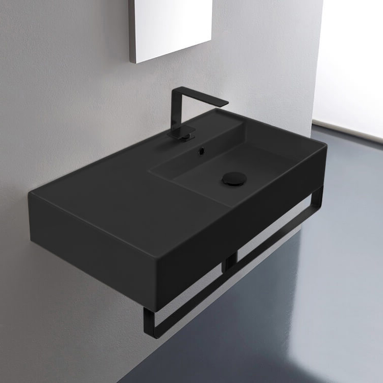 Scarabeo 5118-49-TB-BLK-One Hole Matte Black Ceramic Wall Mounted Sink With Matte Black Towel Bar