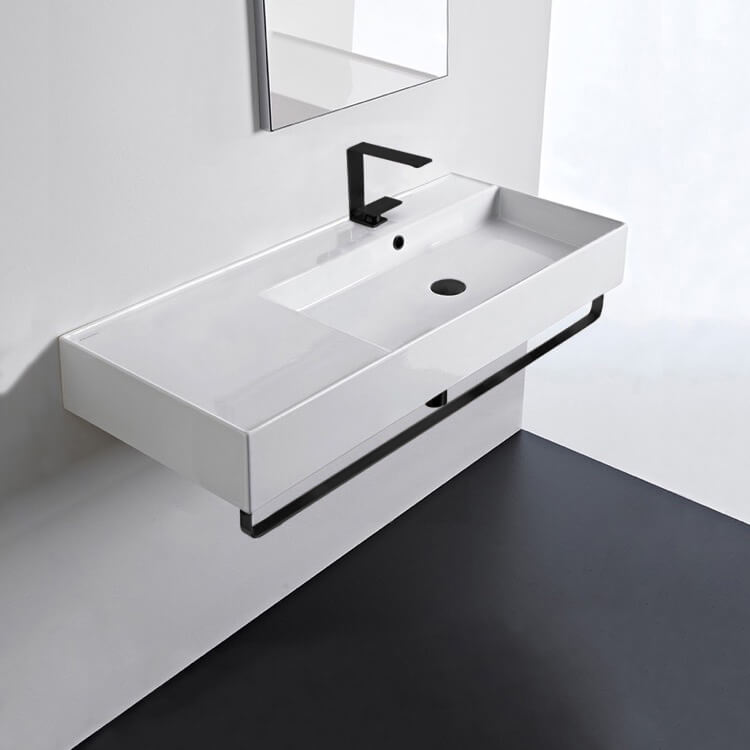 Bathroom Sink, Scarabeo 5120-TB-BLK-One Hole, Rectangular Ceramic Wall Mounted Sink, Matte Black Towel Bar Included