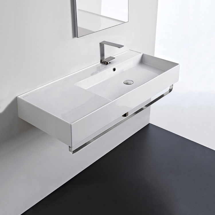 Bathroom Sink, Scarabeo 5120-TB-One Hole, Rectangular Ceramic Wall Mounted Sink With Counter Space, Towel Bar Included