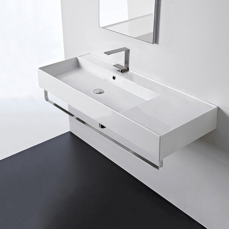 Bathroom Sink, Scarabeo 5121-TB-One Hole, Rectangular Ceramic Wall Mounted Sink With Counter Space, Towel Bar Included