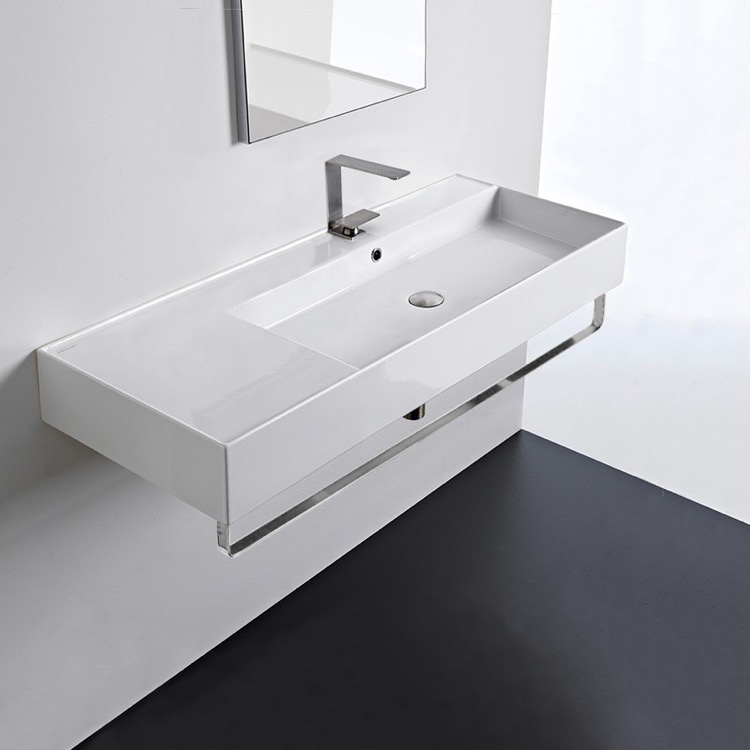 Scarabeo 5122-TB-One Hole Rectangular Ceramic Wall Mounted Sink With Counter Space, Towel Bar Included