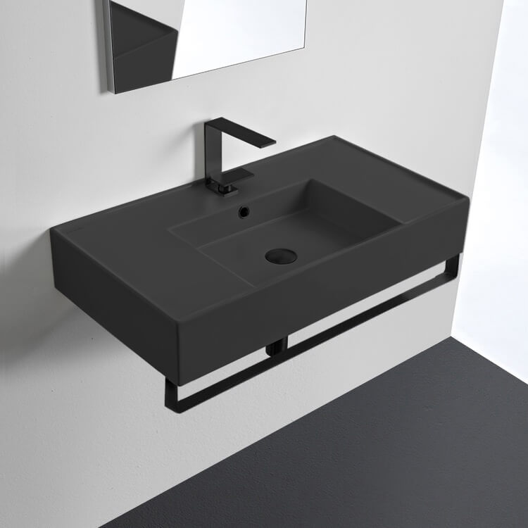 Bathroom Sink, Scarabeo 5123-49-TB-BLK-One Hole, Matte Black Ceramic Wall Mounted Sink With Matte Black Towel Bar