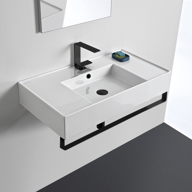 Bathroom Sink, Scarabeo 5123-TB-BLK-One Hole, Rectangular Ceramic Wall Mounted Sink With Matte Black Towel Bar