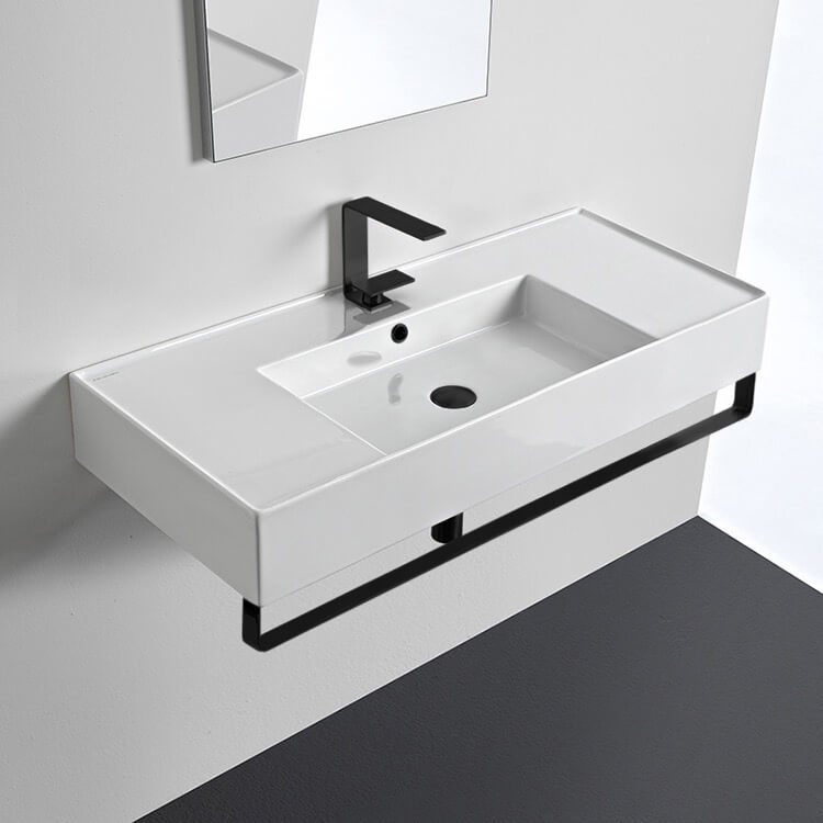 Scarabeo 5124-TB-BLK-One Hole Rectangular Ceramic Wall Mounted Sink With Matte Black Towel Bar
