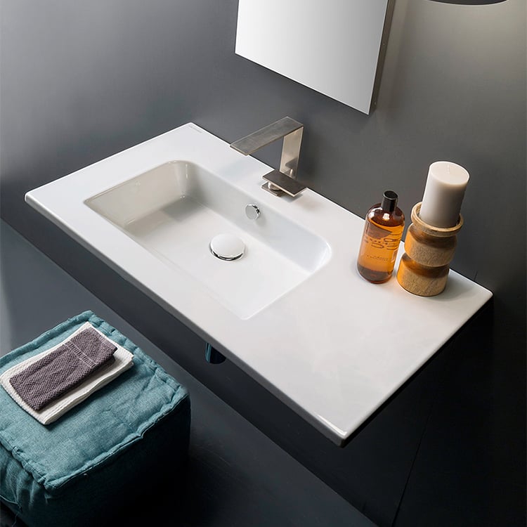 Bathroom Sink, Scarabeo 5211-One Hole, Sleek Rectangular Ceramic Wall Mounted With Counter Space