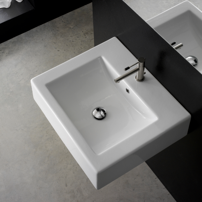 Scarabeo 8007/B-One Hole Square White Ceramic Wall Mounted or Vessel Sink