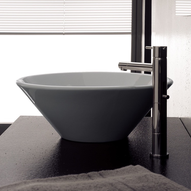 Bathroom Sink, Scarabeo 8010-No Hole, Round White Ceramic Vessel Sink
