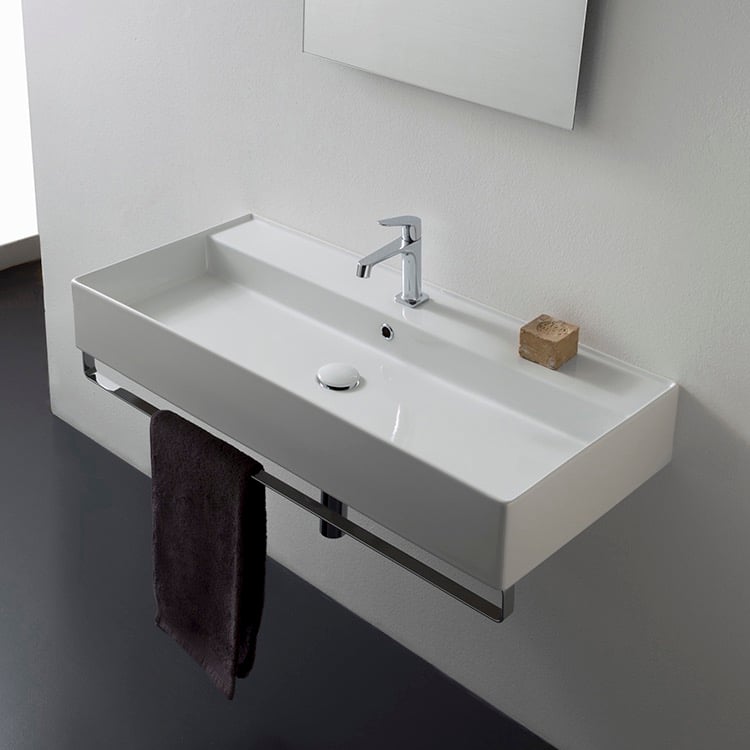 Scarabeo 8031/R-100A-TB-One Hole Rectangular Wall Mounted Ceramic Sink With Polished Chrome Towel Bar
