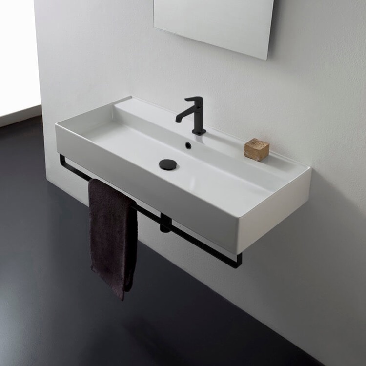 Scarabeo 8031/R-120A-TB-BLK-One Hole Rectangular Wall Mounted Ceramic Sink With Matte Black Towel Bar