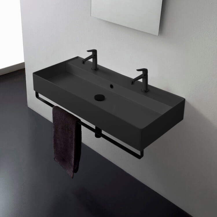 Scarabeo 8031/R-120B-49-TB-BLK-Two Hole Double Matte Black Wall Mounted Ceramic Sink With Matte Black Towel Bar