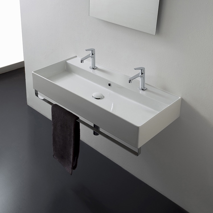 Scarabeo 8031/R-120B-TB-Two Hole Wall Mounted Double Ceramic Sink With Polished Chrome Towel Bar