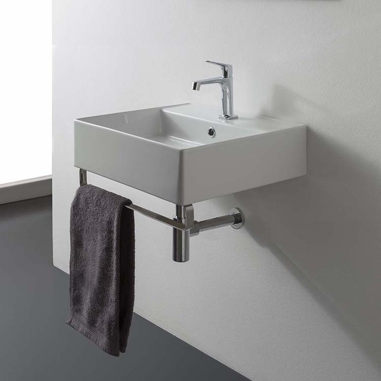 Scarabeo 8031/R-40-TB-One Hole Square Wall Mounted Ceramic Sink With Polished Chrome Towel Bar
