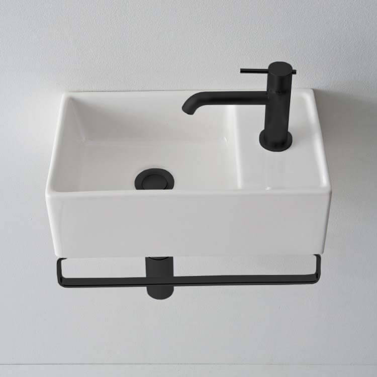 Square Wall Mounted Ceramic Sink With Matte Black Towel Bar