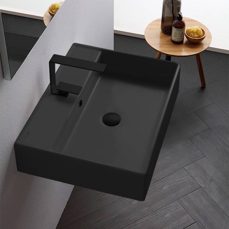 Scarabeo 8031/R-60-49-One Hole Rectangular Matte Black Ceramic Wall Mounted or Vessel Sink