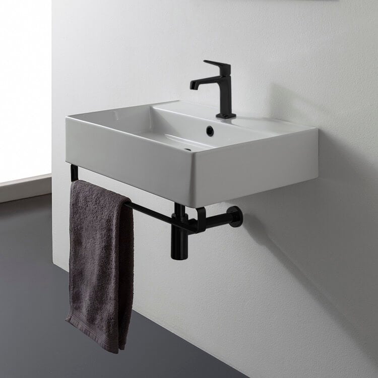 Scarabeo 8031/R-60-TB-BLK-One Hole Rectangular Wall Mounted Ceramic Sink With Matte Black Towel Bar