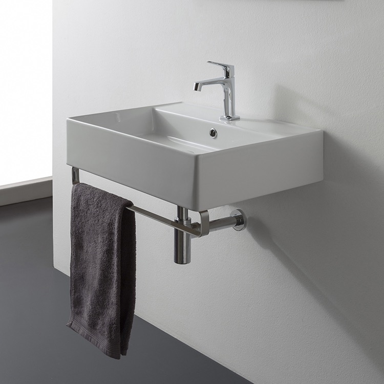 Scarabeo 8031/R-60-TB-One Hole Rectangular Wall Mounted Ceramic Sink With Polished Chrome Towel Bar
