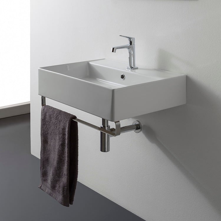 Rectangular Wall Mounted Ceramic Sink With Polished Chrome Towel Bar