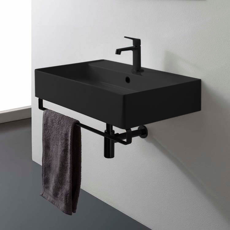 Scarabeo 8031/R-80-49-TB-BLK-One Hole Matte Black Ceramic Wall Mounted Sink With Matte Black Towel Bar