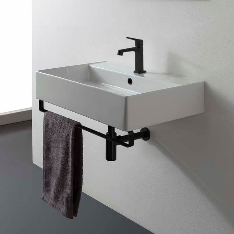 Scarabeo 8031/R-80-TB-BLK-One Hole Rectangular Wall Mounted Ceramic Sink With Matte Black Towel Bar
