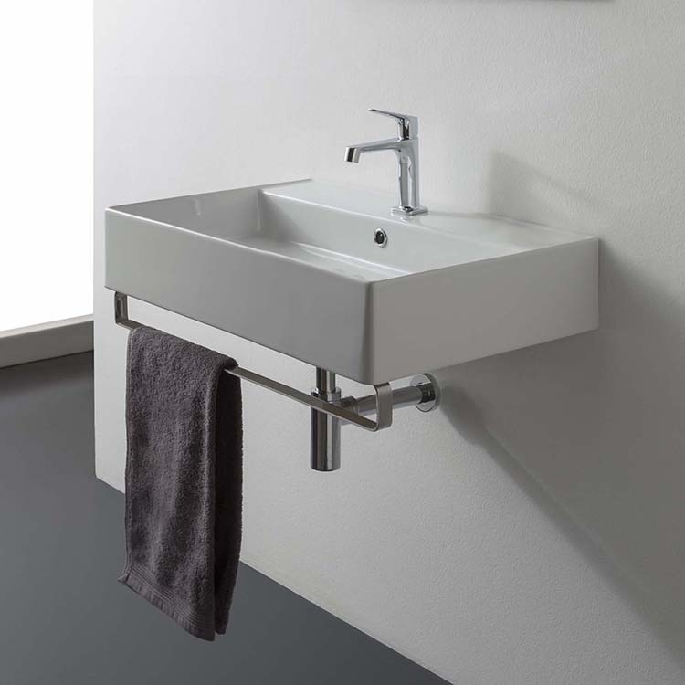 Rectangular Wall Mounted Ceramic Sink With Polished Chrome Towel Bar