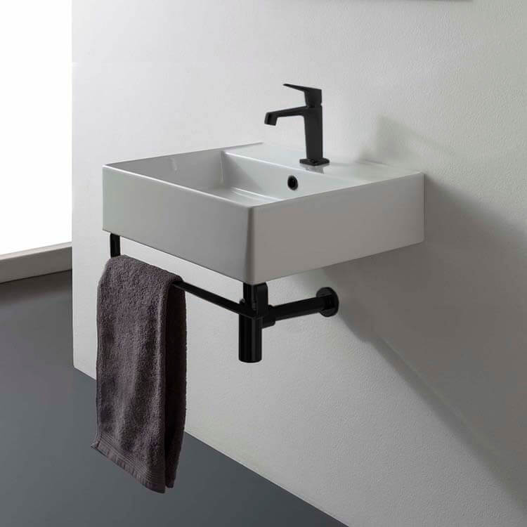 Scarabeo 8031/R-TB-BLK-One Hole Square Wall Mounted Ceramic Sink With Matte Black Towel Bar