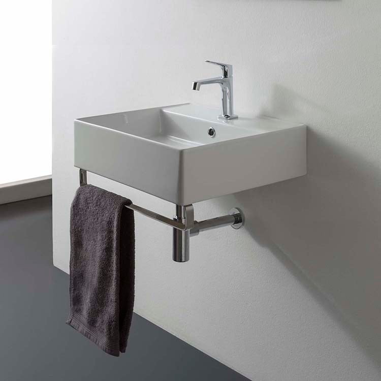 Bathroom Sink, Scarabeo 8031/R-TB-One Hole, Square Wall Mounted Ceramic Sink With Polished Chrome Towel Bar