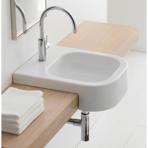 Bathroom Sink, Scarabeo 8047/D-One Hole, Square White Ceramic Semi-Recessed Sink