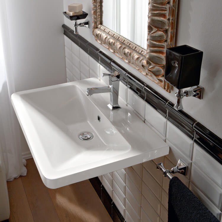 Scarabeo 4004-One Hole Rectangular White Ceramic Wall Mounted or Vessel Sink