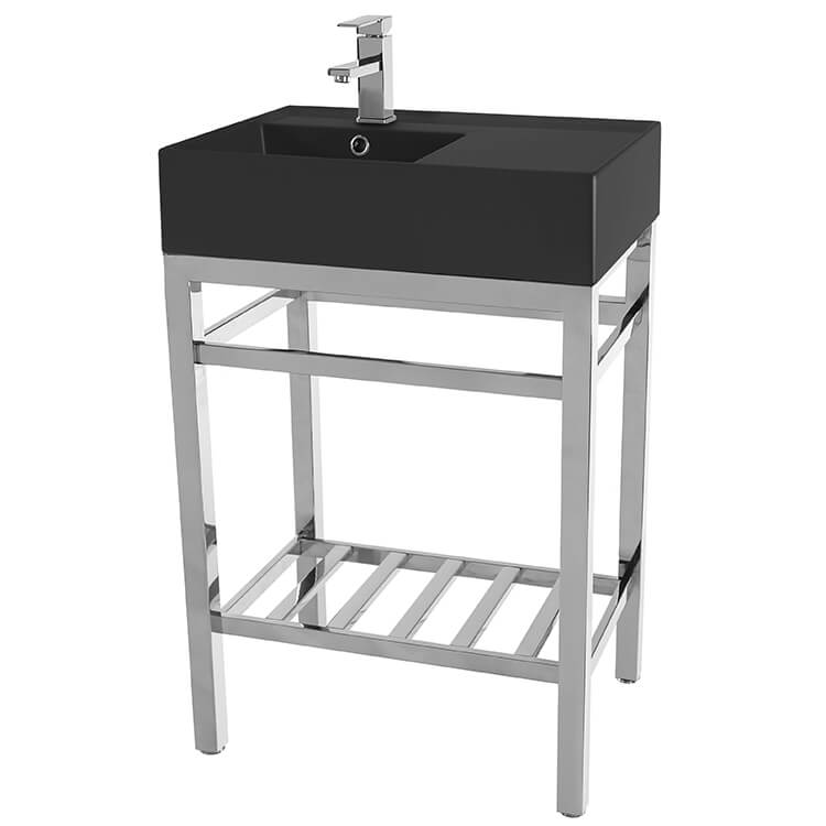Modern Matte Black Ceramic Console Sink And Polished Chrome Base