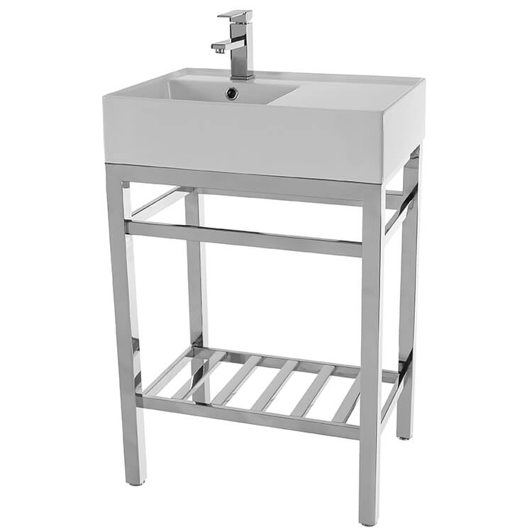 Modern Ceramic Console Sink With Counter Space And Chrome Base