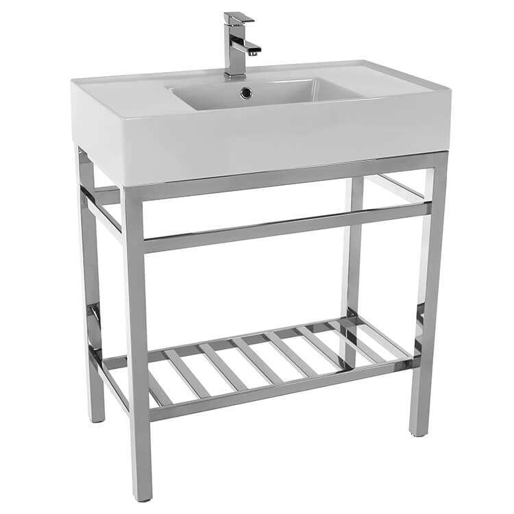 Modern Ceramic Console Sink With Counter Space And Chrome Base
