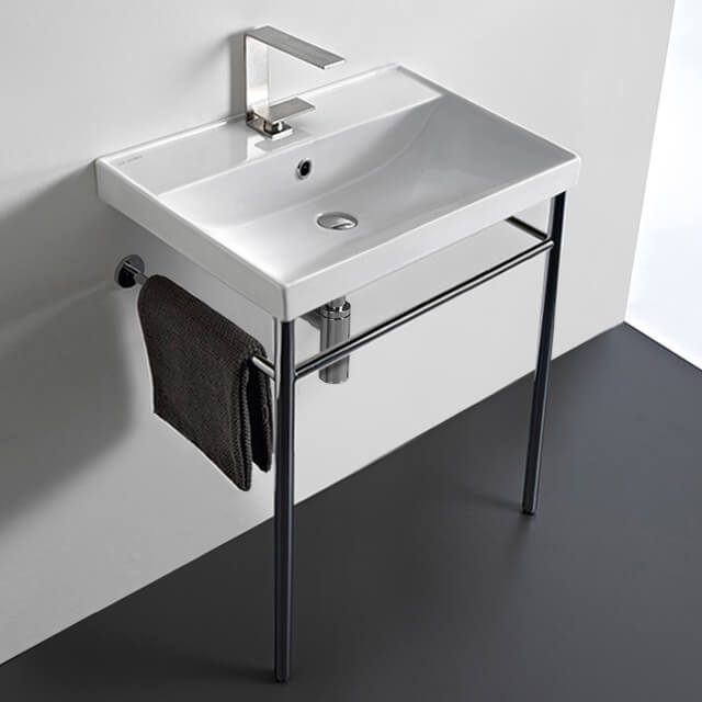 Scarabeo 3004-CON-One Hole Rectangular Ceramic Console Sink and Polished Chrome Stand