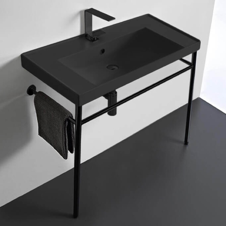 Scarabeo 3005-49-CON-BLK-One Hole Matte Black Ceramic Console Sink and Matte Black Stand