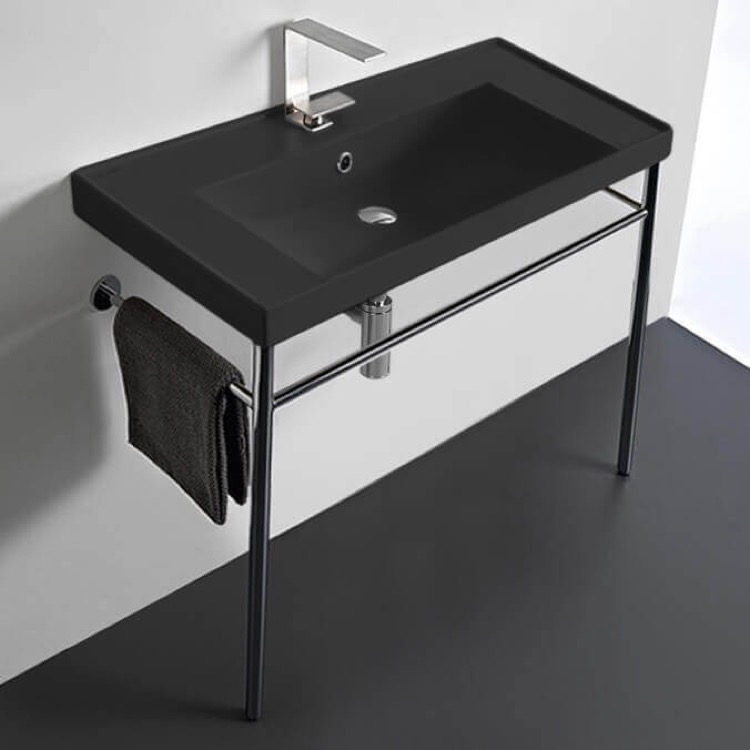Bathroom Sink, Scarabeo 3005-49-CON-One Hole, Matte Black Ceramic Console Sink and Polished Chrome Stand