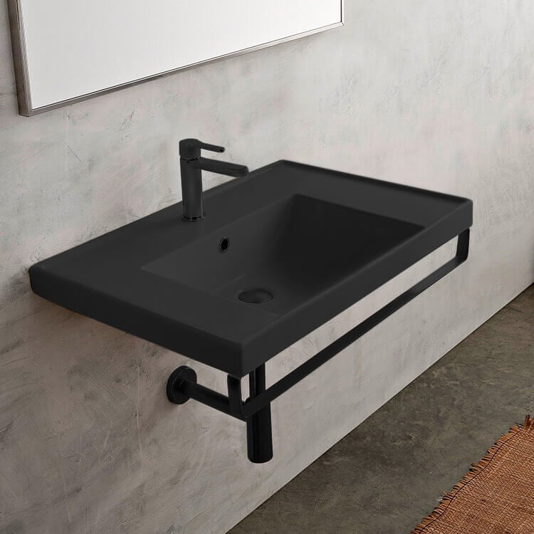 Scarabeo 3005-49-TB-BLK-One Hole Wall Mounted Matte Black Ceramic Sink With Matte Black Towel Bar