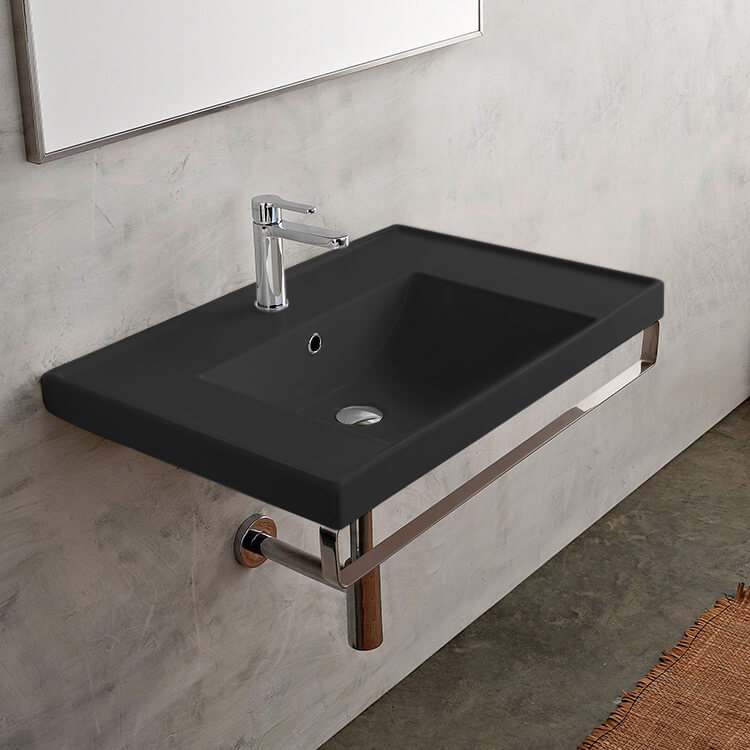 Scarabeo 3005-49-TB-One Hole Wall Mounted Matte Black Ceramic Sink With Polished Chrome Towel Bar