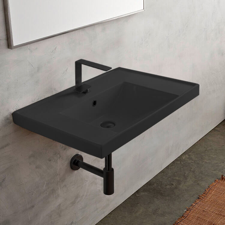 Scarabeo 3005-49-One Hole Rectangular Matte Black Ceramic Wall Mounted Bathroom Sink