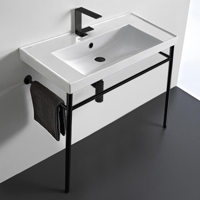 Bathroom Sink, Scarabeo 3005-CON-BLK-One Hole, Rectangular Ceramic Console Sink and Matte Black Stand