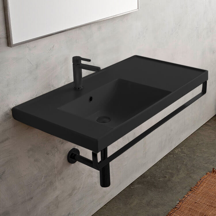 Bathroom Sink, Scarabeo 3008-49-TB-BLK-One Hole, Wall Mounted Matte Black Ceramic Sink With Matte Black Towel Bar