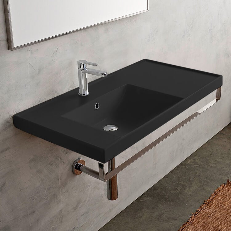 Bathroom Sink, Scarabeo 3008-49-TB-One Hole, Wall Mounted Matte Black Ceramic Sink With Polished Chrome Towel Bar
