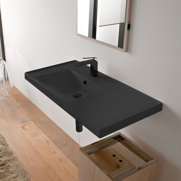 Scarabeo 3008-49-One Hole Rectangular Matte Black Ceramic Wall Mounted Bathroom Sink