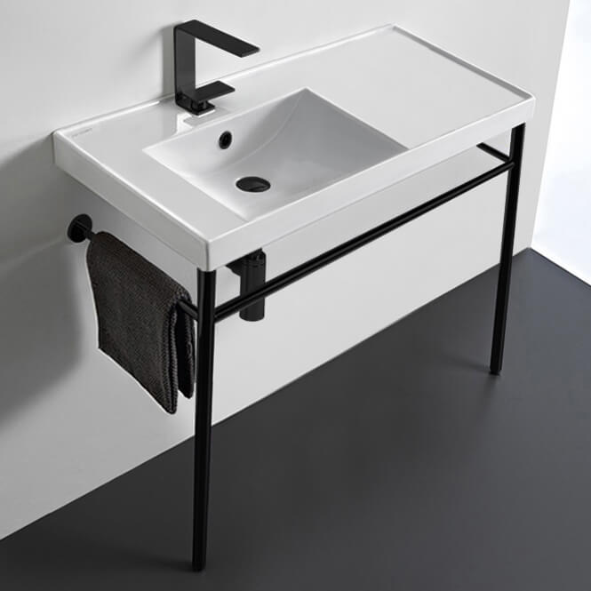 Scarabeo 3008-CON-BLK Rectangular Ceramic Console Sink and Matte Black Stand, 36 Inch