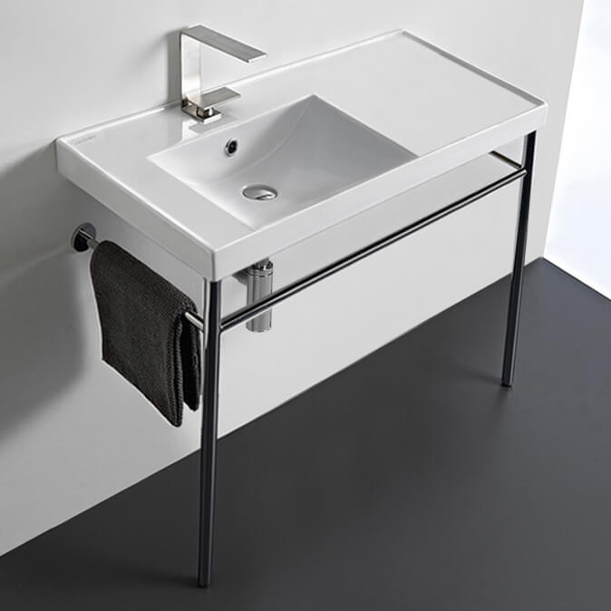 Scarabeo 3008-CON-One Hole Rectangular Ceramic Console Sink and Polished Chrome Stand